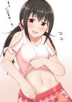  bare_arms black_hair blush breasts brown_eyes commentary eyebrows_visible_through_hair flying_sweatdrops gradient gradient_background groin h3po4_chiba hair_ornament hair_scrunchie highres idolmaster idolmaster_cinderella_girls lifted_by_self long_hair looking_at_viewer medium_breasts midriff nakano_yuka navel pink_background plaid plaid_skirt scrunchie shirt_lift simple_background skirt solo stomach translated twintails upper_body 