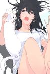  bangs barefoot black_hair blush book breasts brown_eyes cat collarbone comic_koh commentary_request eyebrows_visible_through_hair grey_background hair_between_eyes highres holding holding_book legs_up long_hair looking_at_another lying medium_breasts mole mole_under_eye on_back open_book open_mouth original ryokucha_(i_cobalt) shirt shorts simple_background solo teeth white_cat white_shirt 