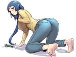  all_fours angelo_(gomahangetsu) ass barefoot blue_eyes blue_hair blush breasts denim feet gundam gundam_build_fighters highres iori_rinko jeans large_breasts long_hair looking_at_viewer looking_back low_ponytail one_eye_closed pants ponytail ribbed_sweater simple_background smile solo sweater turtleneck white_background 