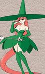  astra_super_stars bare_shoulders breasts bridal_gauntlets cleavage dress gloves green_dress green_outfit green_thighhighs large_breasts long_gloves official_art red_hair skirt stella_(astra_super_stars) thighhighs thighs very_long_hair wand witch witch_hat 