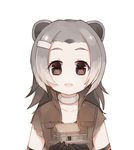  :d american_beaver_(kemono_friends) animal_ears antenna_hair bangs_pinned_back bare_shoulders beaver_ears brown_eyes choker collarbone elbow_gloves gloves gradient green_hair hair_ornament hairclip hiragi_rin house jacket kemono_friends looking_at_viewer medium_hair open_mouth simple_background sleeveless smile solo torn_clothes torn_sleeves upper_body white_background 