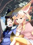  :3 animal_ears bench black_hair blonde_hair blush bow bowtie breast_pocket breasts casino_(casinoep) closed_eyes cloud commentary_request common_raccoon_(kemono_friends) crossed_legs day drooling eyebrows_visible_through_hair fang fennec_(kemono_friends) finger_to_mouth fox_ears fox_tail fur_collar gradient_hair half-closed_eyes highres kemono_friends looking_at_viewer multicolored_hair multiple_girls naughty_face open_mouth outdoors pleated_skirt pocket puffy_short_sleeves puffy_sleeves raccoon_ears scrunchie short_hair short_sleeve_sweater short_sleeves shushing sitting skirt sky sleeping small_breasts smile sweater tail thighhighs tongue tongue_out tree tree_shade two-tone_hair under_tree wavy_mouth white_hair 