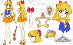  aino_minako alternate_eye_color artist_name bare_legs bishoujo_senshi_sailor_moon blonde_hair blue_bow bow brooch brown_eyes character_name character_sheet choker circlet closed_mouth earrings elbow_gloves full_body gloves hair_bow half_updo hand_on_hip instrument jewelry long_hair looking_at_viewer magical_girl multiple_persona multiple_views orange_choker orange_footwear orange_sailor_collar orange_skirt pleated_skirt pretty_guardian_sailor_moon profile pumps red_bow sailor_collar sailor_senshi_uniform sailor_venus shirataki_kaiseki shoes skirt smile standing strappy_heels tambourine tiara turnaround two_side_up venus_symbol white_background white_gloves 