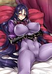  blue_hair blush breasts covered_navel covered_nipples fate/grand_order fate_(series) fingerless_gloves gloves large_breasts long_hair lying minamoto_no_raikou_(fate/grand_order) on_back pillow puffy_nipples smile solo takatsuki_ichi thighs very_long_hair 