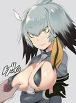  1girl absurdres between_breasts bikini_top breast_squeeze breasts breasts_outside closed_mouth collared_shirt covered_nipples cropped_torso dark_skin dark_skinned_male eyebrows_visible_through_hair eyelashes gloves green_eyes grey_background hair_between_eyes hands highres kemono_friends large_breasts low_ponytail micro_bikini_top multicolored_hair necktie necktie_between_breasts noripachi shiny shiny_hair shiny_skin shirt shoebill_(kemono_friends) short_sleeves silver_hair simple_background solo_focus staring text_focus upper_body wavy_mouth white_neckwear 