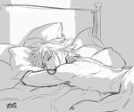  back bed_frame eyebrows_visible_through_hair greyscale looking_at_viewer looking_back lying male_focus meliodas monochrome naked_sheet nanatsu_no_taizai on_stomach pillow seductive_smile signature smile solo tattoo toned toned_male under_covers vetur02 