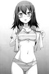  blush bra breasts cleavage collarbone cowboy_shot eyebrows_visible_through_hair gradient gradient_background grey_background greyscale groin hair_between_eyes halftone highres himeragi_yukina long_hair looking_at_viewer monochrome navel open_clothes open_mouth open_shirt panties school_uniform serafuku shirt small_breasts solo strike_the_blood striped striped_bra striped_panties takayaki underwear undressing 