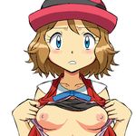  1girl black_bra blush bra_lift breasts hat nipples pokemon pokemon_(anime) pokemon_xy_(anime) serena_(pokemon) shirt shirt_lift simple_background solo unbuttoned white_background 