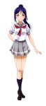  blue_hair blue_legwear floating_hair full_body grey_skirt grin hand_on_hip high_ponytail highres kneehighs long_hair looking_at_viewer love_live! love_live!_sunshine!! matsuura_kanan neckerchief official_art pleated_skirt purple_eyes red_neckwear school_uniform serafuku shirt short_sleeves skirt smile solo standing tie_clip transparent_background uranohoshi_school_uniform white_shirt 