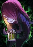  fenris hair_over_one_eye jar little_witch_academia long_hair mushroom pale_skin purple_eyes purple_hair robe smirk sucy_manbavaran 