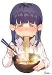  1girl artist_name bangs blush bowl crying eating egg food grey_background hard-boiled_egg highres holding holding_bowl holding_chopsticks holding_food long_hair noodles nose_blush original ouchi_kaeru purple_hair signature simple_background solo tears upper_body 