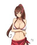  adapted_costume bangs bare_arms bare_shoulders blush breast_hold breasts brown_hair cleavage collarbone commentary_request cowboy_shot flower groin hair_between_eyes hair_flower hair_ornament hayabusa highres kantai_collection large_breasts long_hair looking_at_viewer navel ponytail red_eyes sarong solo stomach white_bikini_top yamato_(kantai_collection) 