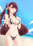  absurdres ass_visible_through_thighs beach bikini black_bikini blush braid breasts brown_hair checkered checkered_bikini_top cleavage cowboy_shot day foreshortening front-tie_bikini front-tie_top girls_frontline highres large_breasts long_hair mismatched_bikini navel one_side_up open_mouth purple_hair red_eyes side-tie_bikini solo standing swimsuit wa2000_(girls_frontline) zhishi_ge_fangzhang 