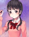  applying_makeup black_eyes black_hair chihayafuru hanano_sumire looking_at_viewer makeup mascara mascara_wand nail_polish pink_nails pink_shirt shirt solo twintail_kyun_(lian) twintails upper_body 