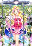  absurdres blonde_hair blue_flower choker collarbone crying crying_with_eyes_open cure_flora dress flower gloves go!_princess_precure green_eyes haruno_haruka highres long_hair magical_girl multicolored_hair outstretched_arm pink_hair precure short_sleeves solo standing tears two-tone_hair very_long_hair white_gloves yellow_flower yuutarou_(fukiiincho) 