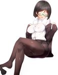  absurdres alternate_costume black_hair blazer blouse boruhis breasts business_suit closed_eyes covered_nipples crossed_legs crotch_seam formal glasses green-framed_eyewear hairband highres jacket kantai_collection kirishima_(kantai_collection) large_breasts miniskirt office_lady open_mouth panties panties_under_pantyhose pantyhose pantyshot pantyshot_(sitting) pencil_skirt shoe_dangle short_hair sitting skirt skirt_suit solo suit underwear white_blouse 