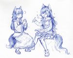  :d :o ^_^ animal_ears arms_up brooch closed_eyes crossover eyebrows_visible_through_hair food food_on_face frills fur_collar grey_wolf_(kemono_friends) highres holding holding_food holding_pen hupose_deheluo imaizumi_kagerou jacket jewelry kemono_friends laughing long_hair long_sleeves looking_at_another monochrome multicolored_hair multiple_girls necktie notepad open_mouth pen simple_background sitting skirt smile tail thick_eyebrows touhou traditional_media trait_connection two-tone_hair wide_sleeves wolf_ears wolf_tail |d 