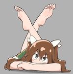  bad_id bad_pixiv_id barefoot blush brown_eyes brown_hair clenched_hand eyebrows eyebrows_visible_through_hair feet feet_up hair_between_eyes kantai_collection long_hair looking_at_viewer lying on_stomach salpin short_sleeves soles solo toes tone_(kantai_collection) twintails 