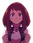  blush_stickers bodysuit boku_no_hero_academia breasts brown_hair clenched_hand closed_mouth face liyart looking_at_viewer medium_breasts medium_hair simple_background smile solo uraraka_ochako white_background 