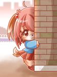  artist_request blush brick_wall dog embarrassed furry hair_bobbles mary_janes peeking pink_eyes pink_hair scared skirt tail 