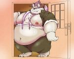  2019 anthro aretna behemoth_(housamo) belly clothing humanoid_hands male monster moobs navel nipples overweight overweight_male pants shirt solo tokyo_afterschool_summoners video_games 