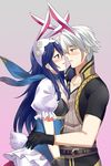  1girl animal_ears blue_eyes blue_hair blush bunny_ears bunny_tail bunnysuit couple eye_contact fire_emblem fire_emblem:_kakusei fire_emblem_heroes gloves hetero hug long_hair looking_at_another lucina male_my_unit_(fire_emblem:_kakusei) mejiro my_unit_(fire_emblem:_kakusei) short_hair silver_hair smile tail 