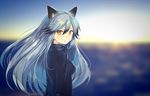  animal_ears black_hair blurry blurry_background bow bowtie eyebrows_visible_through_hair fox_ears from_side fur_trim gradient_hair highres horizon kakaon kemono_friends lips long_hair looking_at_viewer multicolored_hair orange_eyes shiny shiny_hair silver_fox_(kemono_friends) silver_hair solo upper_body yellow_eyes 