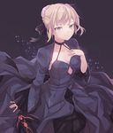  artoria_pendragon_(all) black_background black_dress blonde_hair braid breasts closed_mouth collar dark_excalibur dark_persona dress excalibur fate/grand_order fate_(series) gothic_lolita hair_ribbon hand_on_own_chest holding holding_sword holding_weapon lolita_fashion long_dress looking_at_viewer petals ribbon saber_alter saibe solo sword weapon yellow_eyes 