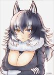  absurdres animal_ears between_breasts black_hair blue_eyes blush breasts cleavage fang fang_out fur_collar gloves grey_wolf_(kemono_friends) heterochromia highres kemono_friends large_breasts long_hair long_sleeves looking_at_viewer multicolored_hair necktie necktie_between_breasts simple_background solo two-tone_hair white_background wolf_ears yamamiya_saki yellow_eyes 