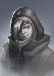  absurdres ana_(overwatch) closed_mouth eyepatch facial_mark facial_tattoo greyscale head_tilt highres hijab hood lips looking_at_viewer maitian_bianjing monochrome nose old_woman overwatch realistic sketch smile solo tattoo upper_body 