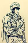  cape clenched_hand frown hara_tetsuo_(style) highres ink_(medium) lee_(dragon_garou) male_focus monochrome muscle parody rope serious solo style_parody traditional_media upper_body yoshihiko yuusha_yoshihiko_to_maou_no_shiro 