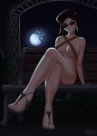  artist_name bandolier bench beret biting breasts brown_hair coco_adel crossed_legs feet hat high_heels jay156 large_breasts lip_biting night nude rwby signature sitting solo sunglasses toes 