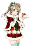  belt bow brown_hair cake capelet cowboy_shot cream cream_on_face food food_on_face green_bow green_legwear hair_bow head_tilt holding long_hair looking_at_viewer love_live! love_live!_school_idol_project minami_kotori one_side_up open_mouth red_skirt skirt solo standing thighhighs transparent_background yellow_eyes zettai_ryouiki 