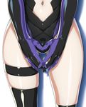  ass_visible_through_thighs asymmetrical_legwear black_leotard crotch elbow_gloves fate/grand_order fate_(series) fingers_together gloves hyouju_issei leotard lower_body mash_kyrielight navel shadow shiny shiny_skin simple_background skindentation solo thigh_strap thighhighs thighs white_background 
