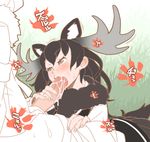  antlers blush booth_tomato brown_eyes brown_hair commentary fellatio futa_with_female futanari kemono_friends large_penis lion_(kemono_friends) long_hair moose_(kemono_friends) moose_ears moose_tail multiple_girls open_mouth oral penis saliva skirt sweat tail tongue 