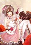  alternate_costume breasts brown_eyes brown_hair cake chocolate chocolate_cake chocolate_heart cleavage cup dress drinking_glass food fruit gloves headset heart high_heels highres kantai_collection open_mouth ribbon short_hair small_breasts smile solo speaking_tube_headset strawberry thighhighs veil white_gloves white_legwear wine_glass yuhuan yukikaze_(kantai_collection) 