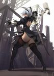  back_cutout black_dress black_footwear black_hairband blindfold boots dress feather-trimmed_sleeves hairband high_heel_boots high_heels holding holding_sword holding_weapon juliet_sleeves kveldulv long_sleeves nier_(series) nier_automata pink_lips pod_(nier_automata) puffy_sleeves short_dress silver_hair sword thigh_boots thighhighs thighhighs_under_boots turtleneck vambraces weapon weapon_on_back yorha_no._2_type_b 