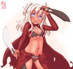  :d alternate_costume alternate_hairstyle black_bra black_panties blonde_hair blue_eyes blush bra breasts cape chloe_von_einzbern chloe_von_einzbern_(cosplay) cosplay dark_skin dual_wielding fate/kaleid_liner_prisma_illya fate_(series) folded_ponytail highleg highleg_panties highres holding kanon_(kurogane_knights) kanshou_&amp;_bakuya kantai_collection long_hair look-alike looking_at_viewer navel open_mouth panties pinky_out red_cape ro-500_(kantai_collection) sidelocks small_breasts smile solo stomach stomach_tattoo tattoo thighs underwear 