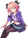  ;d astolfo_(fate) black_bow black_legwear black_skirt blush bow braid collarbone fang fate/apocrypha fate_(series) harimoji highres hood hoodie long_hair male_focus midriff navel one_eye_closed open_mouth otoko_no_ko pantyhose pink_hair pleated_skirt pom_pom_(clothes) purple_eyes shirt simple_background single_braid sitting skirt smile solo striped striped_shirt v_over_eye white_background 