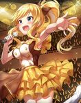  blonde_hair blue_eyes bow breasts brown_skirt buttons choker commentary frilled_skirt frills glowstick hair_bow idolmaster idolmaster_cinderella_girls leg_up lens_flare long_hair medium_breasts microphone ootsuki_yui open_mouth outstretched_arm ponytail skirt smile solo sparkle star star_print takeashiro wavy_hair yellow_skirt 