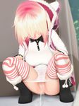  1girl 3d blonde_hair boots breasts female full_body long_sleeves looking_down original panties panty_pull peeing print_panties pussy solo squatting striped striped_legwear taii_(tng1014) thighhighs uncensored underwear 