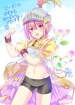  :d armor bike_shorts black_shorts bracelet bras_d'honneur cowboy_shot flower flower_knight_girl helmet highres jacket jewelry looking_at_viewer midriff open_mouth pink_eyes pink_hair rhodanthe_(flower) rhodanthe_(flower_knight_girl) satou_satoru short_hair shorts signature smile solo translation_request yellow_jacket 