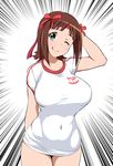  ;p absurdres amami_haruka aqua_eyes arms_behind_head breasts brown_hair collarbone cowboy_shot groin hair_ornament hair_ribbon highres idolmaster idolmaster_(classic) jabara_tornado large_breasts looking_at_viewer navel no_bra no_panties one_eye_closed ribbon shirt smile solo t-shirt tongue tongue_out 