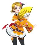  :d black_legwear brown_hair detached_sleeves fan hair_ornament holding holding_fan koizumi_hanayo looking_at_viewer love_live! love_live!_school_idol_project open_mouth purple_eyes ribbon short_hair skirt smile solo standing thighhighs transparent_background white_skirt yellow_ribbon 