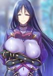  arm_guards black_gloves blurry blurry_background bodysuit breast_hold breasts chromatic_aberration cleavage commentary_request covered_navel covered_nipples crossed_arms depth_of_field fate/grand_order fate_(series) gloves half-closed_eyes highres huge_breasts japanese_clothes long_hair looking_at_viewer minamoto_no_raikou_(fate/grand_order) outdoors purple_eyes purple_hair rope smile solo suzuki_nene very_long_hair 