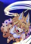  action animal_ears attack bare_shoulders battle blonde_hair bow bowtie breasts charging claws commentary_request elbow_gloves extra_ears fang gloves highres kemono_friends large_breasts looking_at_viewer motion_blur musupon214 night open_mouth serval_(kemono_friends) serval_ears serval_print short_hair slashing solo thighhighs yellow_eyes 