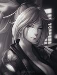  ;) alcohol artist_name baiken blurry breasts cleavage closed_mouth cup depth_of_field facepaint fingerless_gloves fingernails floral_print gloves greyscale guilty_gear holding holding_cup indoors japanese_clothes kimono koyorin large_breasts lips long_hair monochrome motion_blur one_eye_closed petals ponytail sakazuki sake scar scar_across_eye smile solo upper_body window 