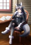  7nanappe animal_ears black_hair blue_eyes blush breasts crossed_legs fur_collar gloves grey_wolf_(kemono_friends) heterochromia highres kemono_friends large_breasts long_hair long_sleeves looking_at_viewer multicolored_hair necktie sitting skirt solo tail two-tone_hair wolf_ears wolf_tail yellow_eyes 