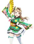  :d brown_hair fan floating_hair green_kimono hair_ornament hairclip holding holding_fan japanese_clothes kimono long_hair looking_at_viewer love_live! love_live!_school_idol_project minami_kotori one_side_up open_mouth outstretched_arm ribbon skirt smile solo standing thighhighs transparent_background white_legwear white_skirt yellow_eyes yellow_ribbon 