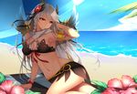  armlet beach beach_umbrella bracelet braid dark_valkyrie_(p&amp;d) day dean hair_ornament highres jewelry long_hair looking_at_viewer navel outdoors puzzle_&amp;_dragons red_eyes revision silver_hair single_braid solo towel umbrella valkyrie_(p&amp;d) water 